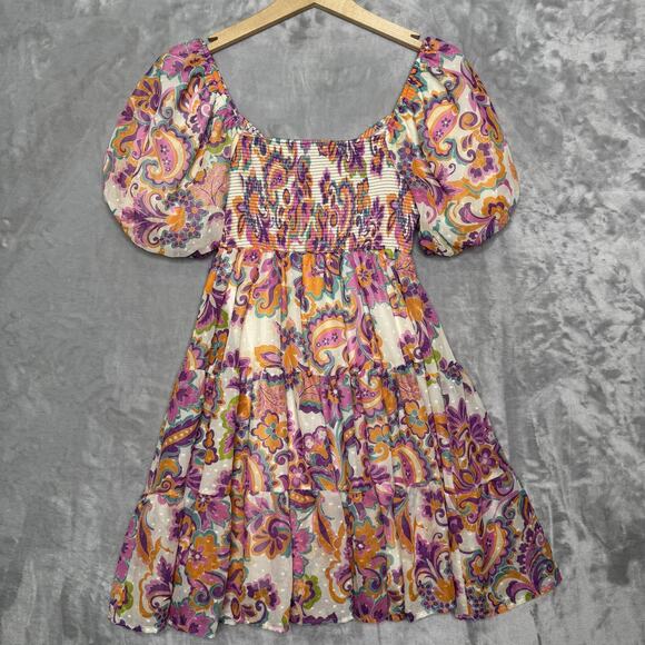 Flying Tomato Dress Womens Medium Floral Puff Sleeve Tiered Boho Festival Spring - Picture 2 of 13